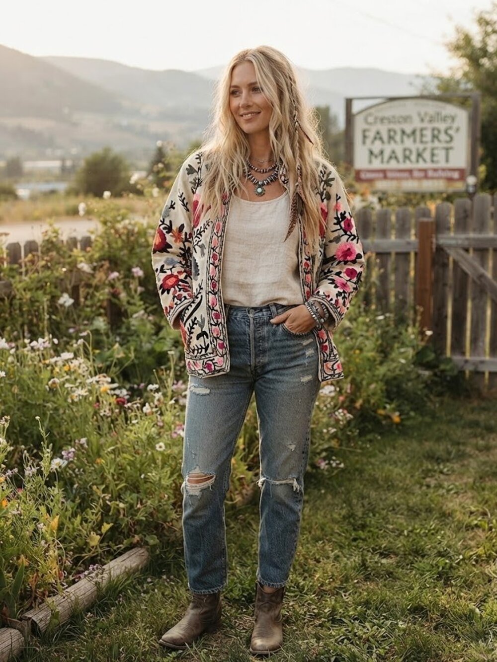 Embroidered Floral Cream Velvet Boho Jacket with Pink & Red Accents